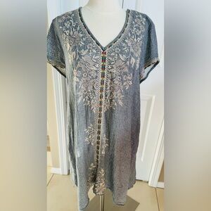 Johnny Was Gray Embroidered Tunic with Multicolor Trim XL